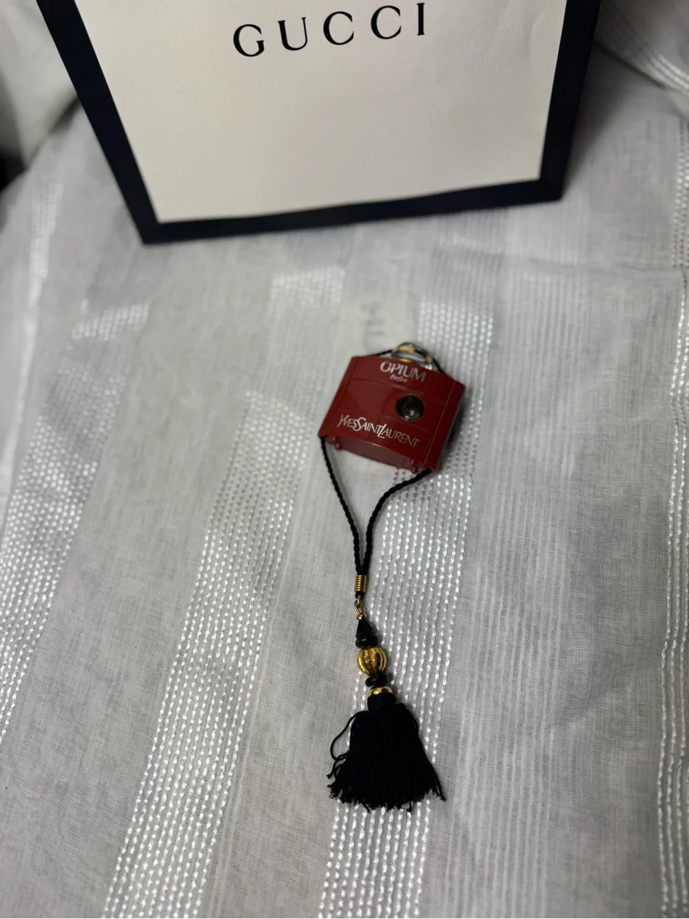 Vintage 80s Collector Yves Saint Laurent Red Black Opium Bottle Pendant Tassel